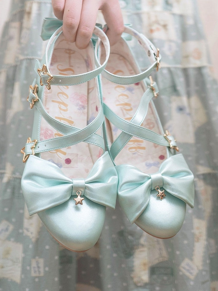 Straps - Sweet 6.5cm Bow Lolita Crisscross with Star Buckle Style Heel Shoes Green Accents