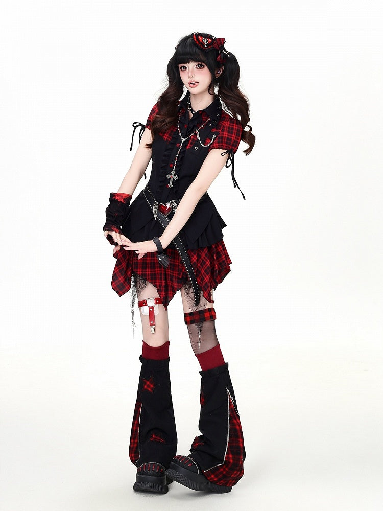 Sweet Edgy Kawaii Red Black Plaid Asymmetrical Hem Skirt - CRAZY GIRL