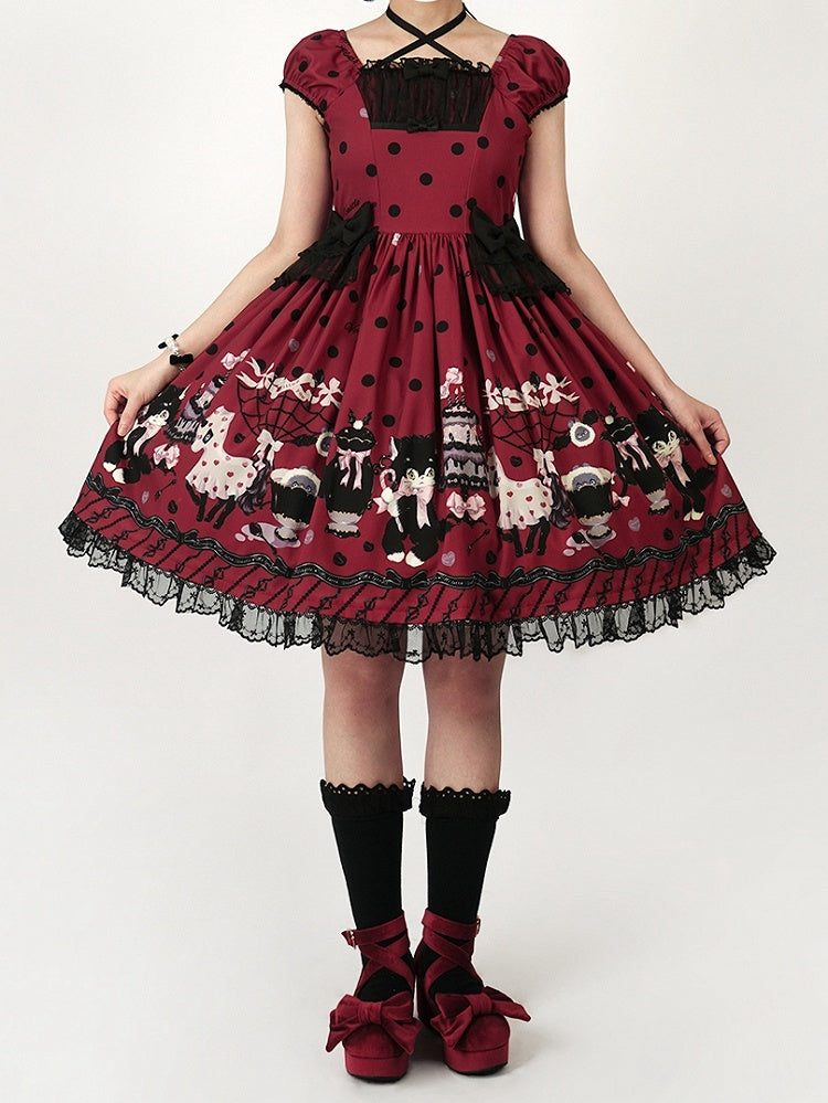 Bow Black Lolita Dot Print with Accents Cat Dress Red Polka Sweet