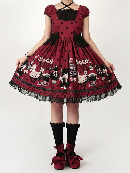 Bow Black Lolita Dot Print with Accents Cat Dress Red Polka Sweet
