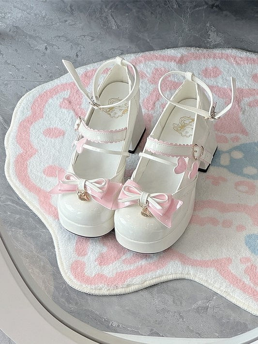 High-heel Heart Round-Toe Elegant Bow with White Charm Janes Decor and Top at Lolita Mary Pink