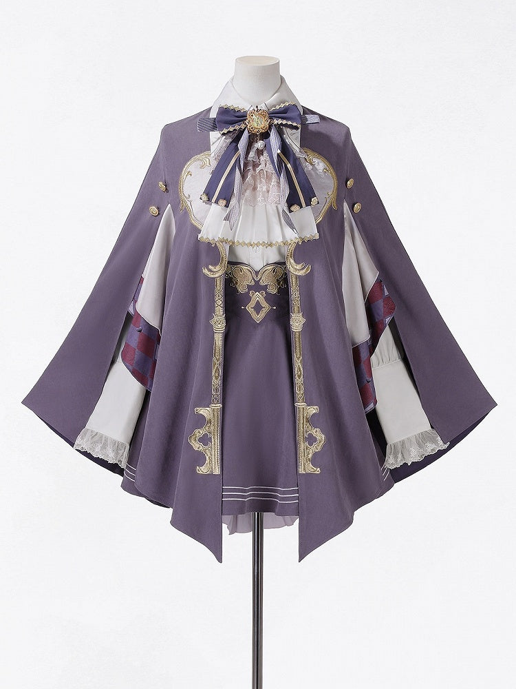 Magic Carnival Purple & White Bow Tie Blouse with Striped Skirt and Cape Set - Xiong Dou Jiang