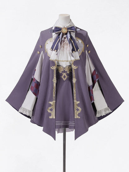 Magic Carnival Purple & White Bow Tie Blouse with Striped Skirt and Cape Set - Xiong Dou Jiang