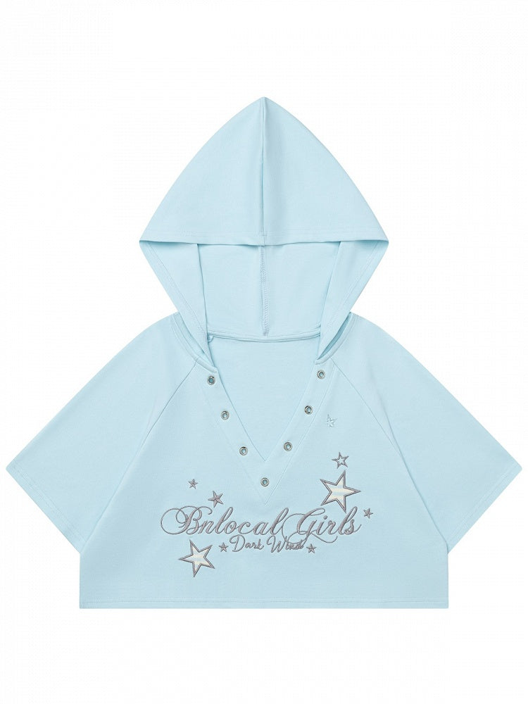 Blue Cropped V Neck Short Sleeve Hooded Letter Embroidered Top - Languid Park