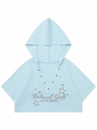 Blue Cropped V Neck Short Sleeve Hooded Letter Embroidered Top - Languid Park
