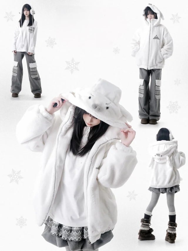 Lining Seal-inspired White Hooded Cozy Jacket with Fleece Plush