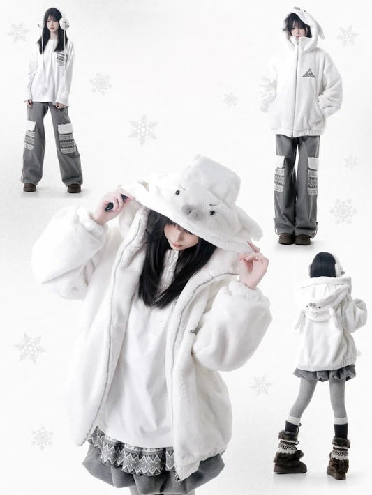 Lining Seal-inspired White Hooded Cozy Jacket with Fleece Plush
