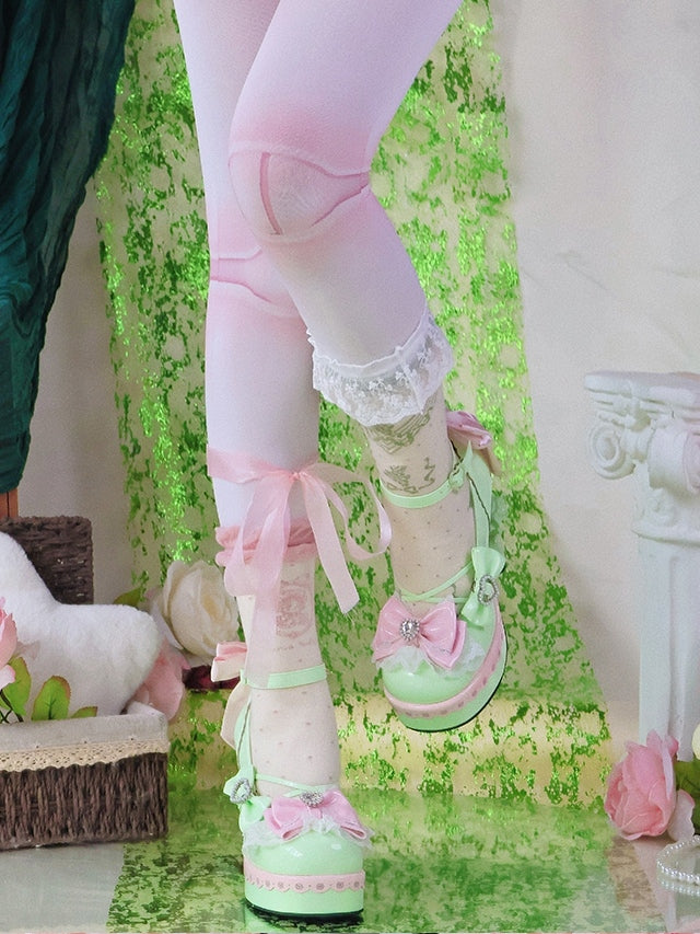 Shoes Heart Decor - High-heel PU Leather Details Bowknot Green