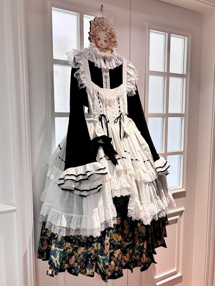 White Bell Bonnet Black Han Floral Apron Horse-face Sleeves Print Top Lolita + Skirt Set