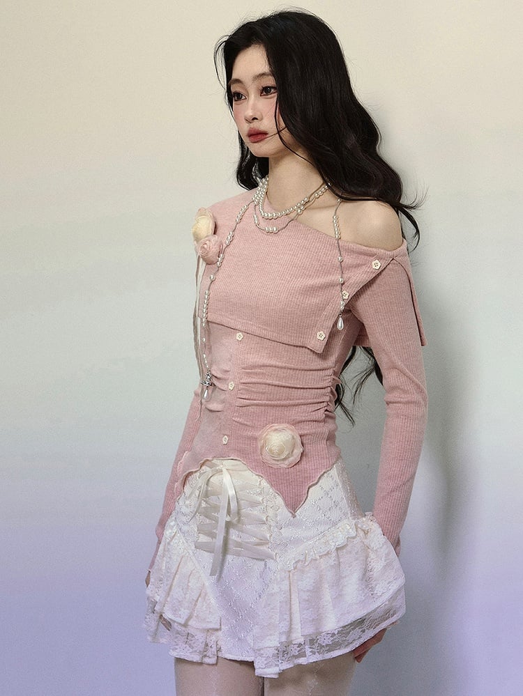 Pink Floral Asymmetrical Neckline Knit Long-Sleeve Top