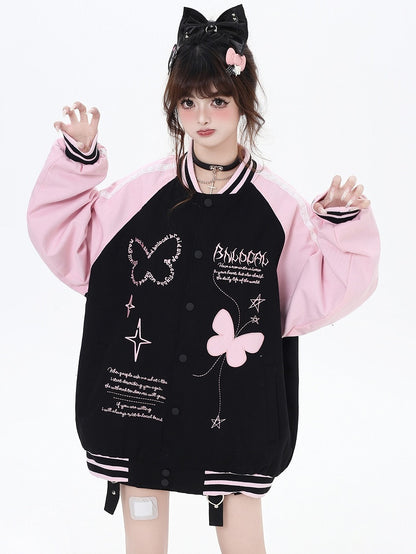 ブラックとピンクのカラーブロックデザイン バタフライベースボールジャケット