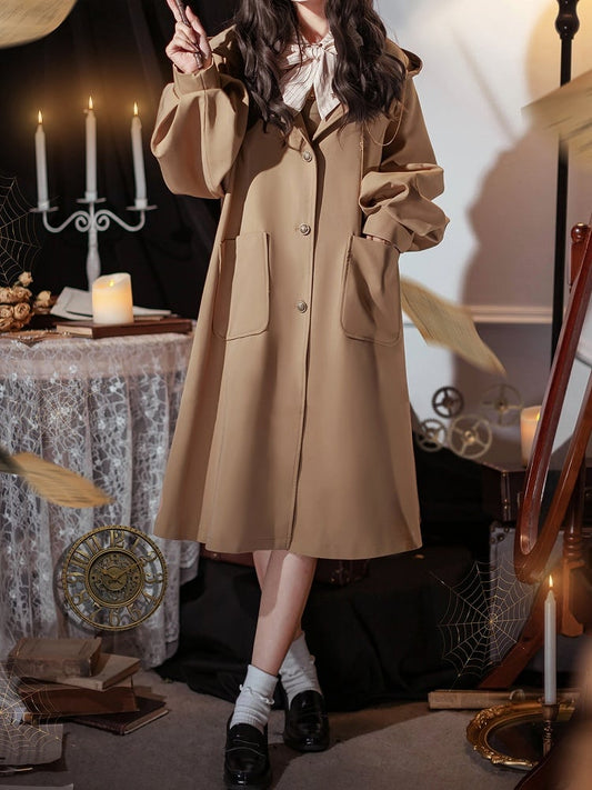 Balloon Sleeves Khaki Coat Long Hooded Preppy