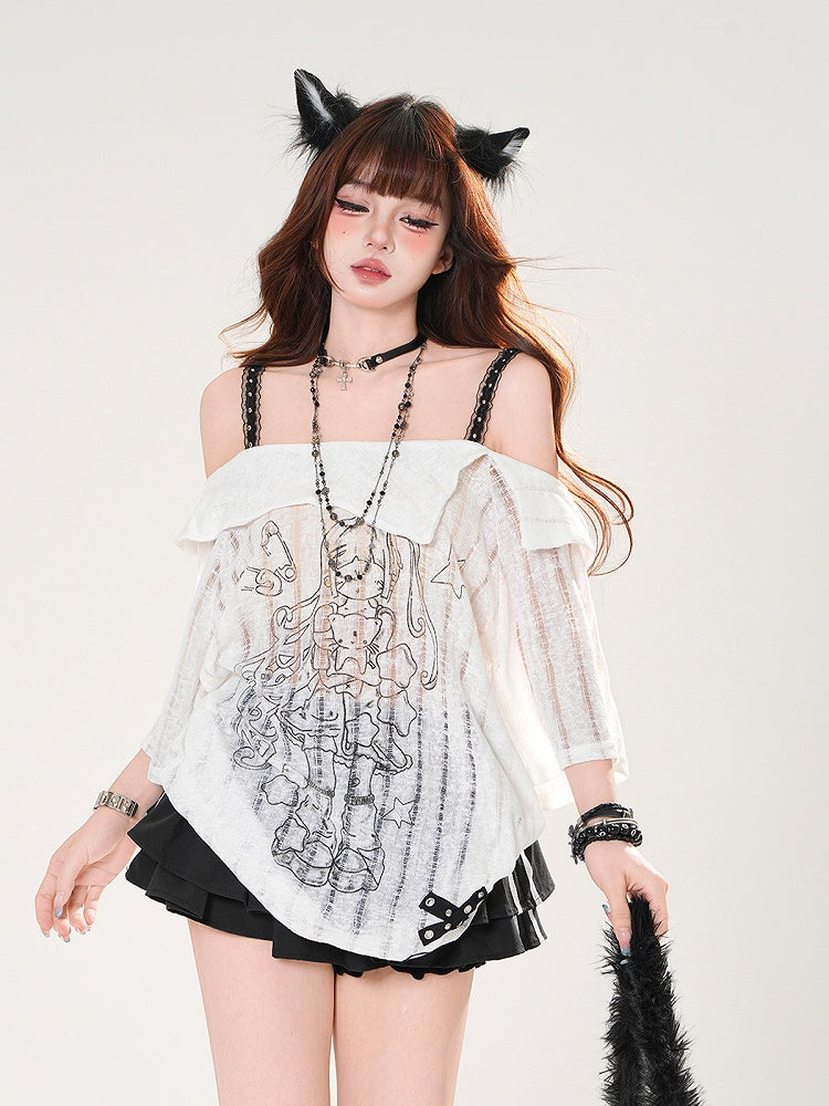 ネックライン ルーズ ブラック/ホワイト ガールプリント Tシャツ オフショルダー