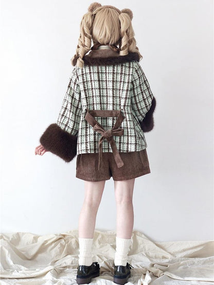 Plush Faux Coat Cropped Fur Cuffs Mint Green Tweed Chocolate with Lolita