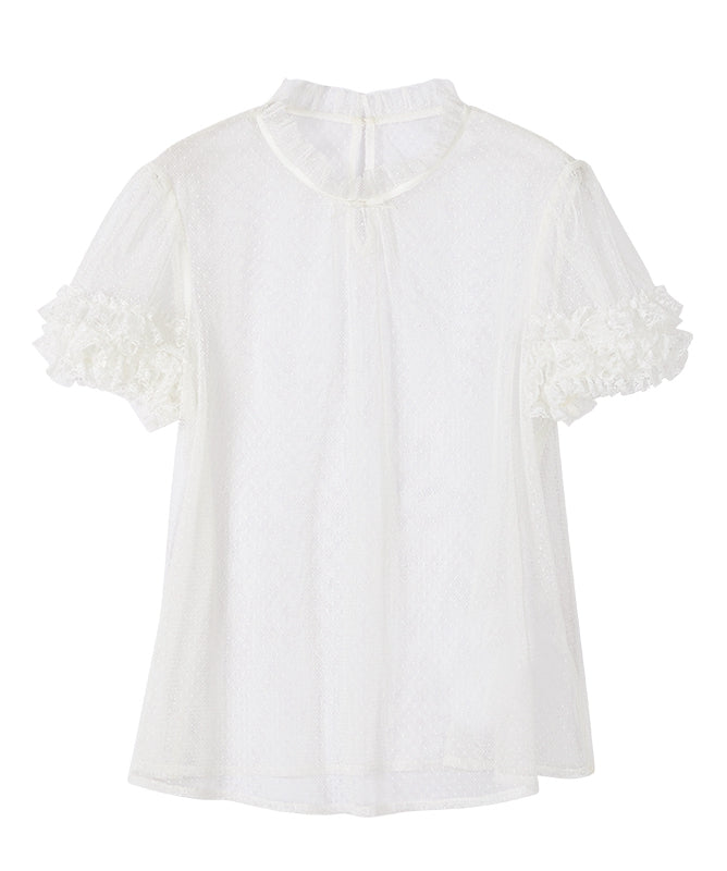 ホワイトのフリルネックライン半袖シアーブラウス