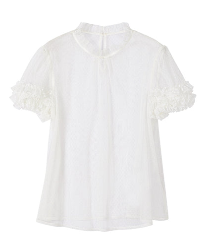 ホワイトのフリルネックライン半袖シアーブラウス