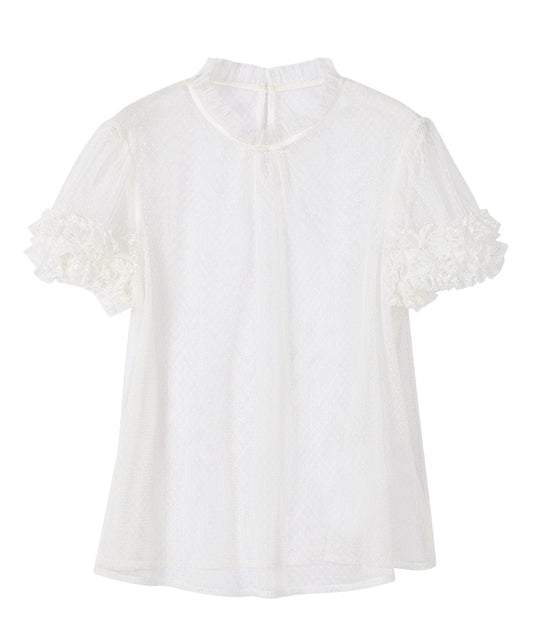 ホワイトのフリルネックライン半袖シアーブラウス