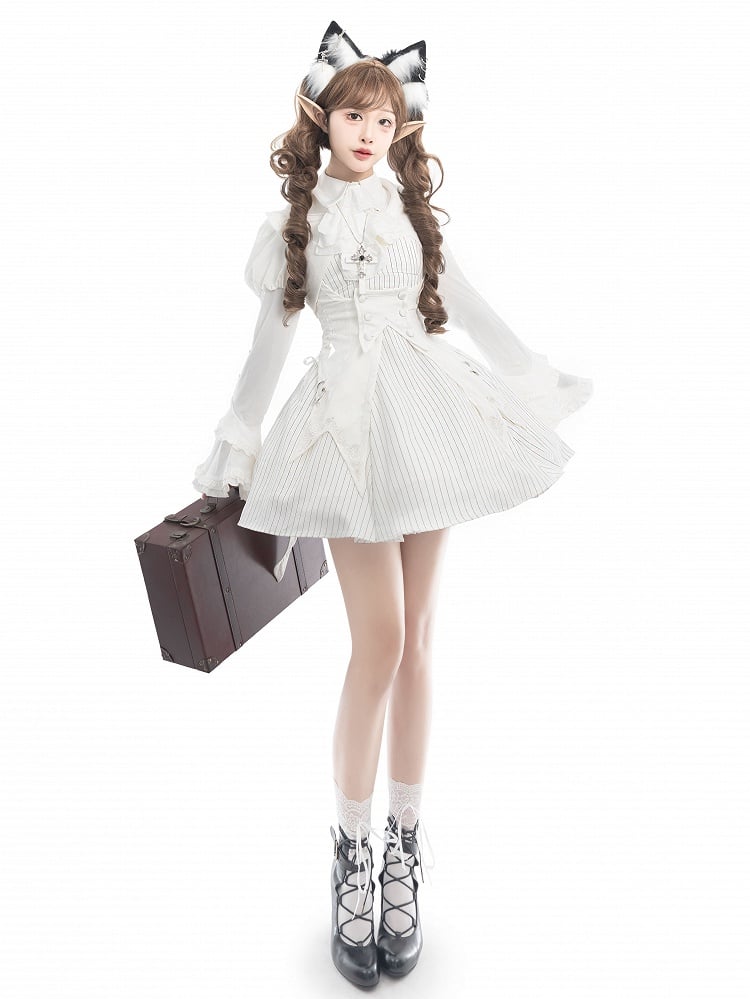 White Striped Pattern Short Sleeves Lolita Dress with Separate Jabot Collar