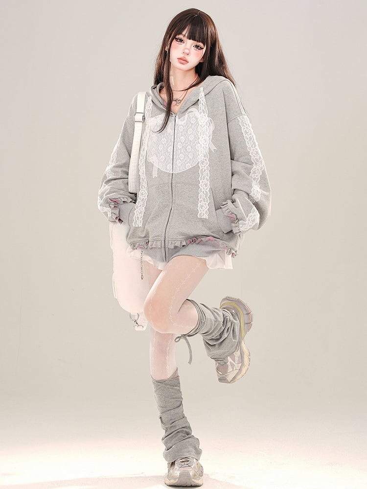 Grey  Lace Applique Ruffle Trim Zip Hoodie