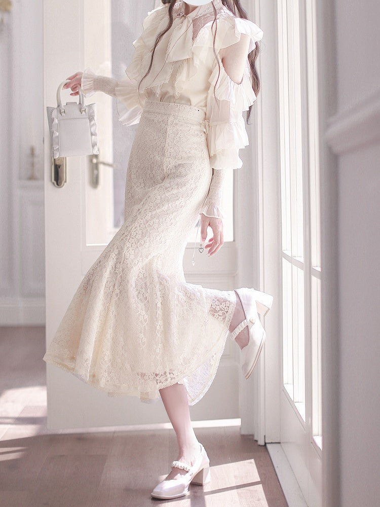 Blouse Jirai Beige Elegance: - Aesthetic Innocent Cutout Clean Kei Flounce Shoulders Chiffon with