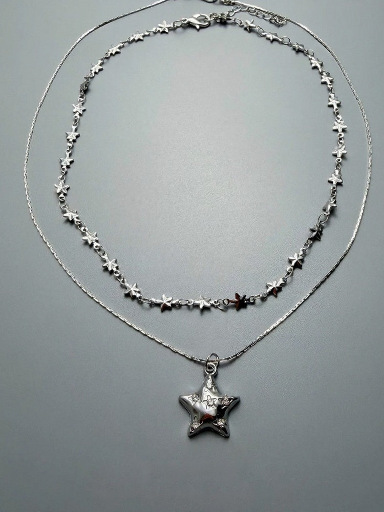 Silver Layered Star Pendant Necklace - YSHXS