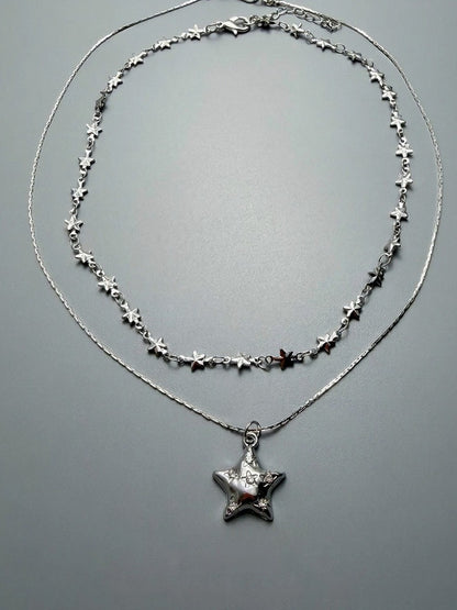 Silver Layered Star Pendant Necklace - YSHXS