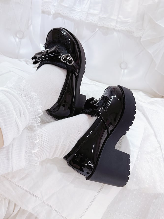 Platform Bow with Trim Polished Lace Kei Loafers Accents Jirai Rhinestone Details Black - Heart