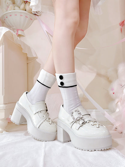 Kei Crossed Glossy White Straps Block Chunky Platform Crystal with - Heel Jirai Loafers Buckles