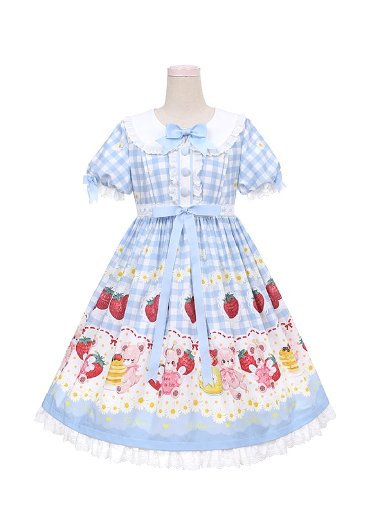 Hellblau/Weinrot kariertes Erdbeer- und Bären-Print Cottagecore Country Kleid Sweet Lolita OP