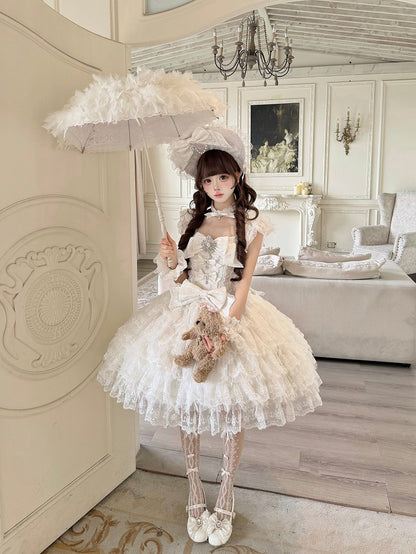 Dress Hime-Style Layered White Rhinestone Elegant with JSK Lace Bow Details Skirt Lolita