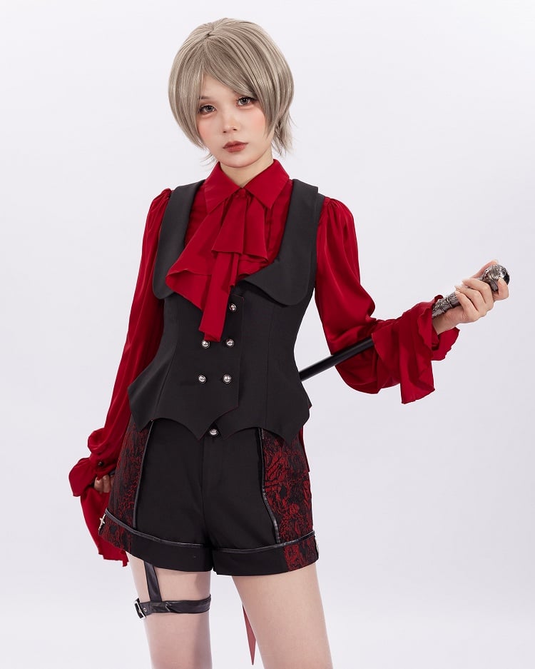 Black and Red Vampire Waistcoat with Bat Wing Tail and Curved Hem - DevilInspired Exclusive Collection