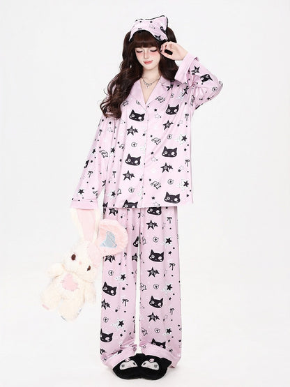 Kawaii Kitty and Star Print Two-Piece Loungewear Set in Pink - CRAZY GIRL