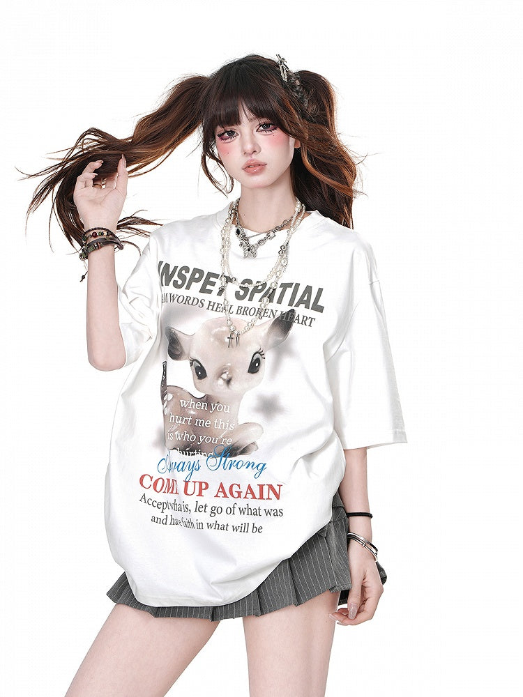 Gray/White Crew Neck Cartoon Deer Print Loose T-shirt
