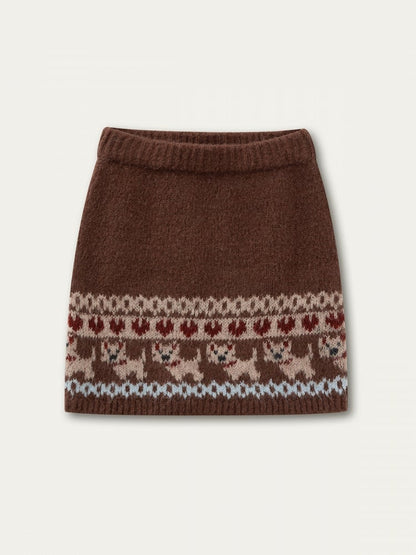 Brown Knit Dog Pattern Vintage Skirt with