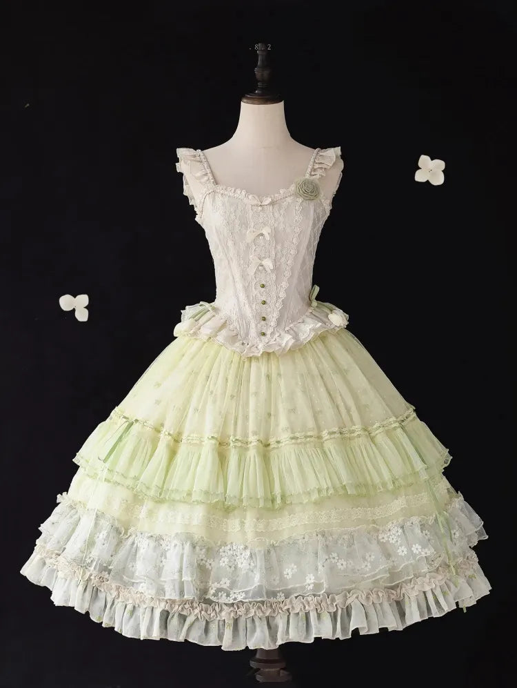 Klassischer zarter Rock mit mehrlagiger Schleife und Rüschen, grün, Lolita-Stickerei, klein