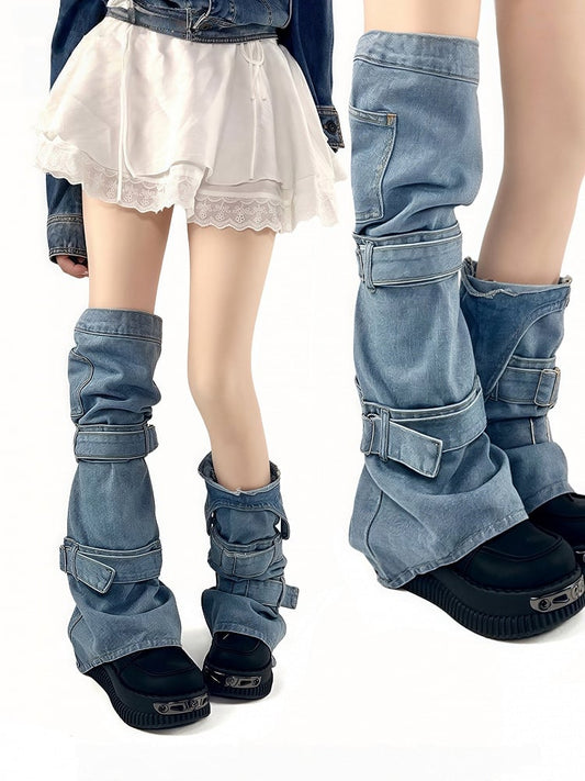 Warmers Style Y2K Asymmetric with Denim Straps Leg Design Blue Buckle