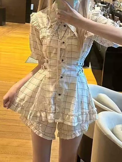 Strap Dress with Kei White Panels Lace Plaid Jirai and Buckle Waist Set: Shorts Illusion