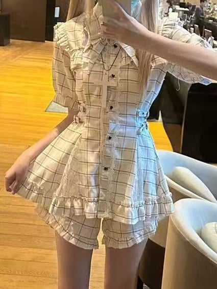 Strap Dress with Kei White Panels Lace Plaid Jirai and Buckle Waist Set: Shorts Illusion