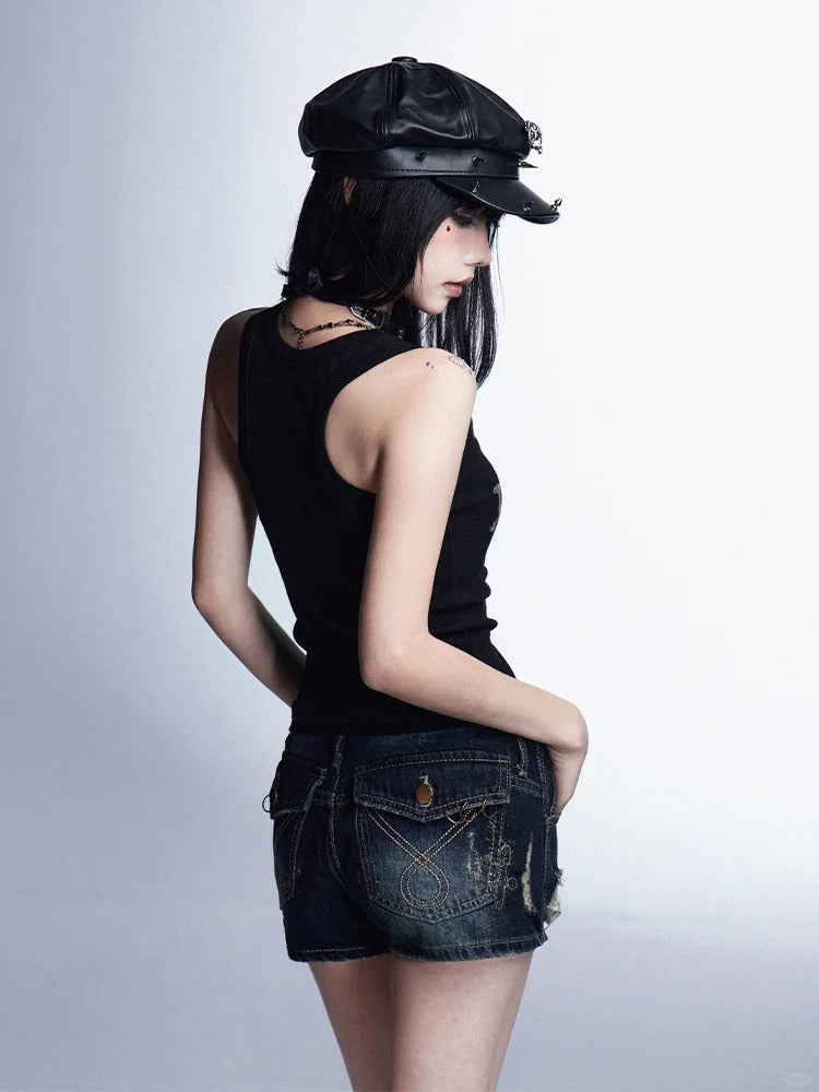 Schwarzes Vintage-Tanktop mit Buchstabendruck und schmaler Passform, glamourös