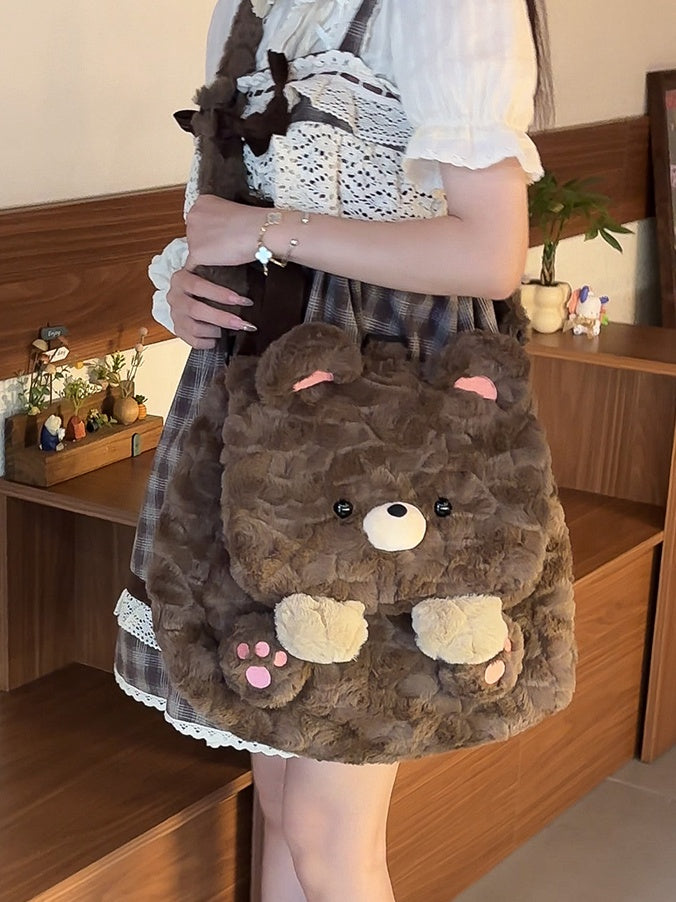 Brown Cute Bear Plush Flap Backpack Bag Middle/Large Size