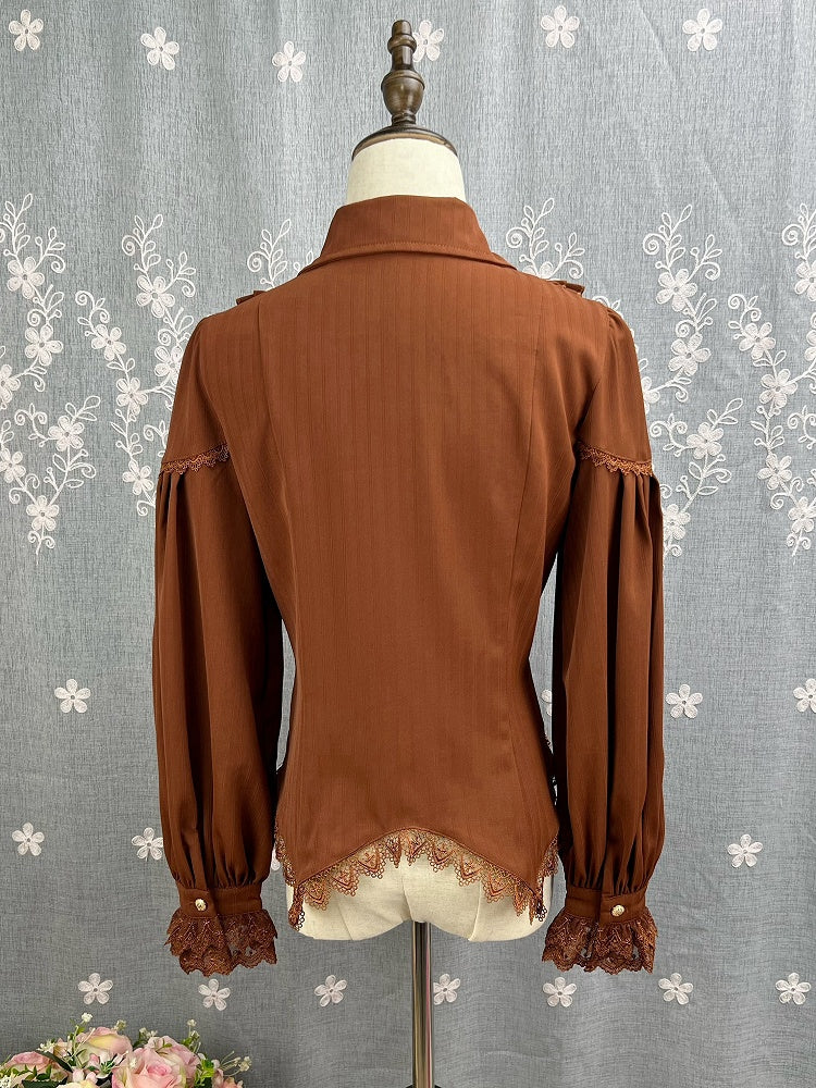 コーヒー色のエレガントなポインテッドカラーの長袖シャツ