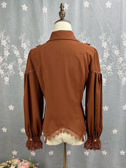 コーヒー色のエレガントなポインテッドカラーの長袖シャツ