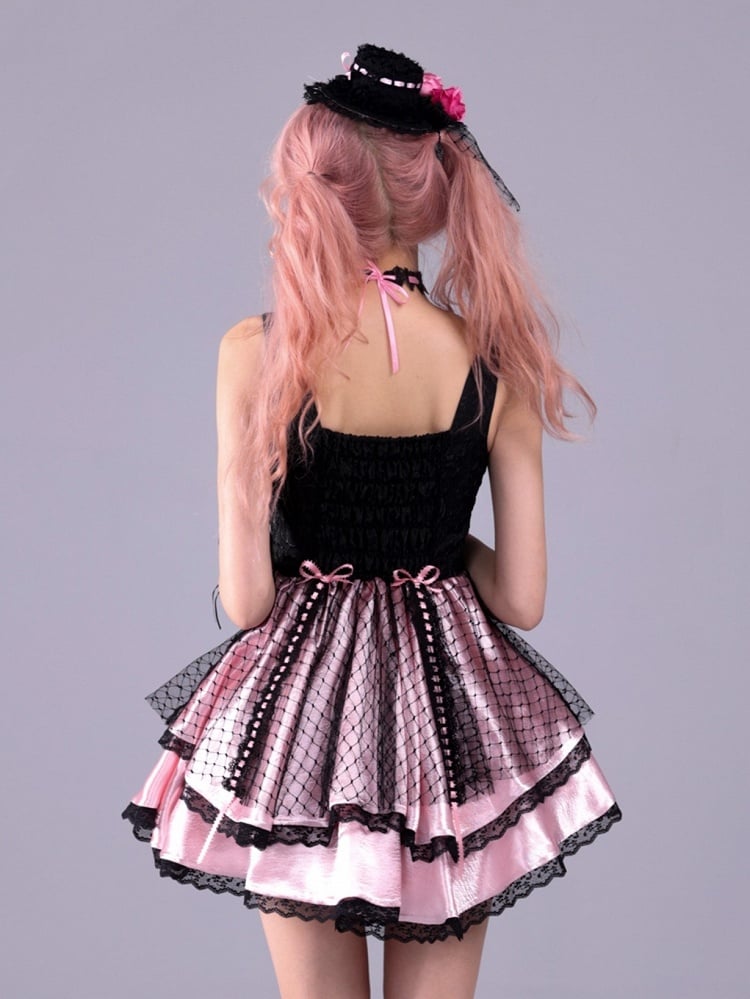 Black & Pink Hime Gyaru Baroque Embossed Boned Waist Tiered Dress