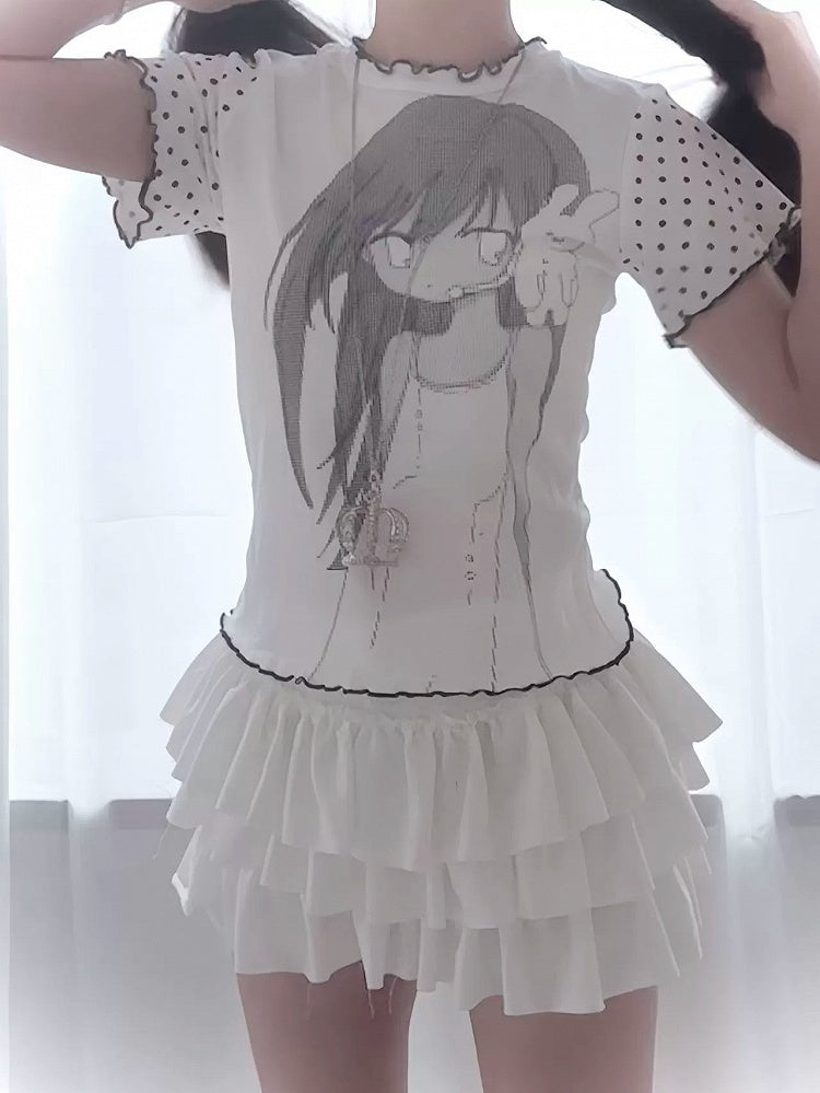 Polka White Dots Print Black and Graphic T-Shirt with Cartoon