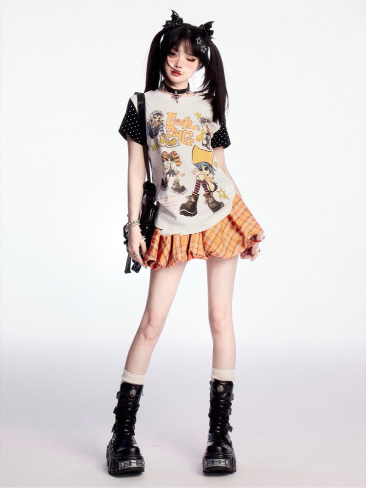 パピーオレンジチェック柄ドローストリングウエストプリントミニバブルスカート