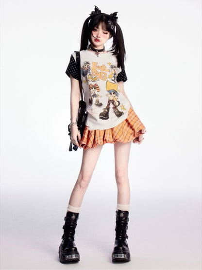 パピーオレンジチェック柄ドローストリングウエストプリントミニバブルスカート