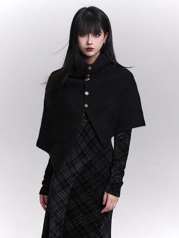 Rear Shawl Black Neck Mock Placket Buttoned Knitted - Slit Detail