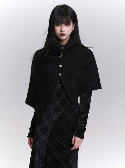 Rear Shawl Black Neck Mock Placket Buttoned Knitted - Slit Detail