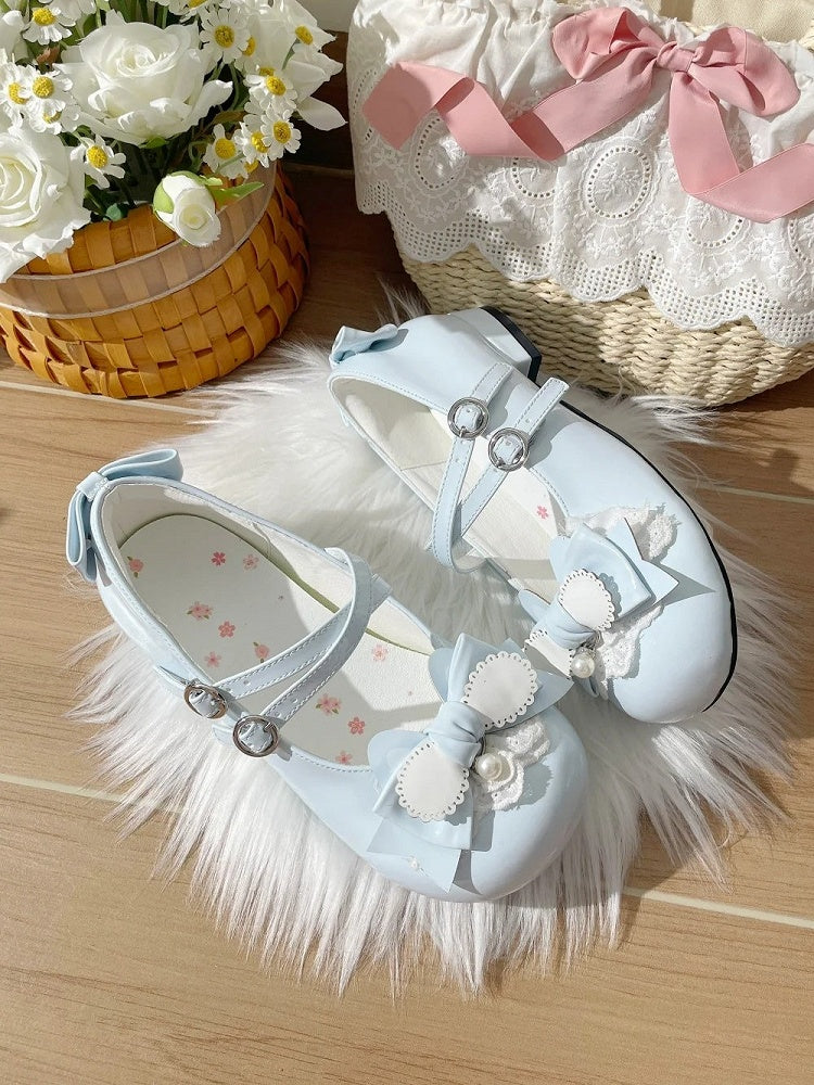 Round Bunny Lolita Mary Accents Low-heel Blue Janes Closure Snap Sweet Bow Themed with