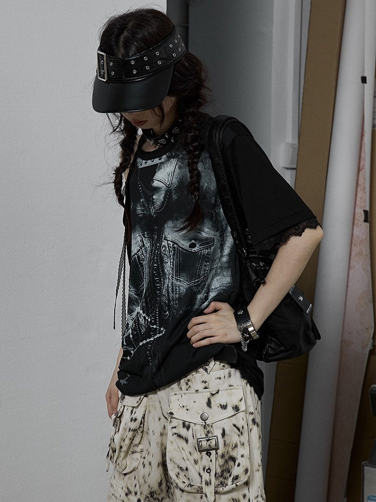 Lace-Trimmed Print White Shoulder Detail Lace-Up with Denim Punk Black T-shirt